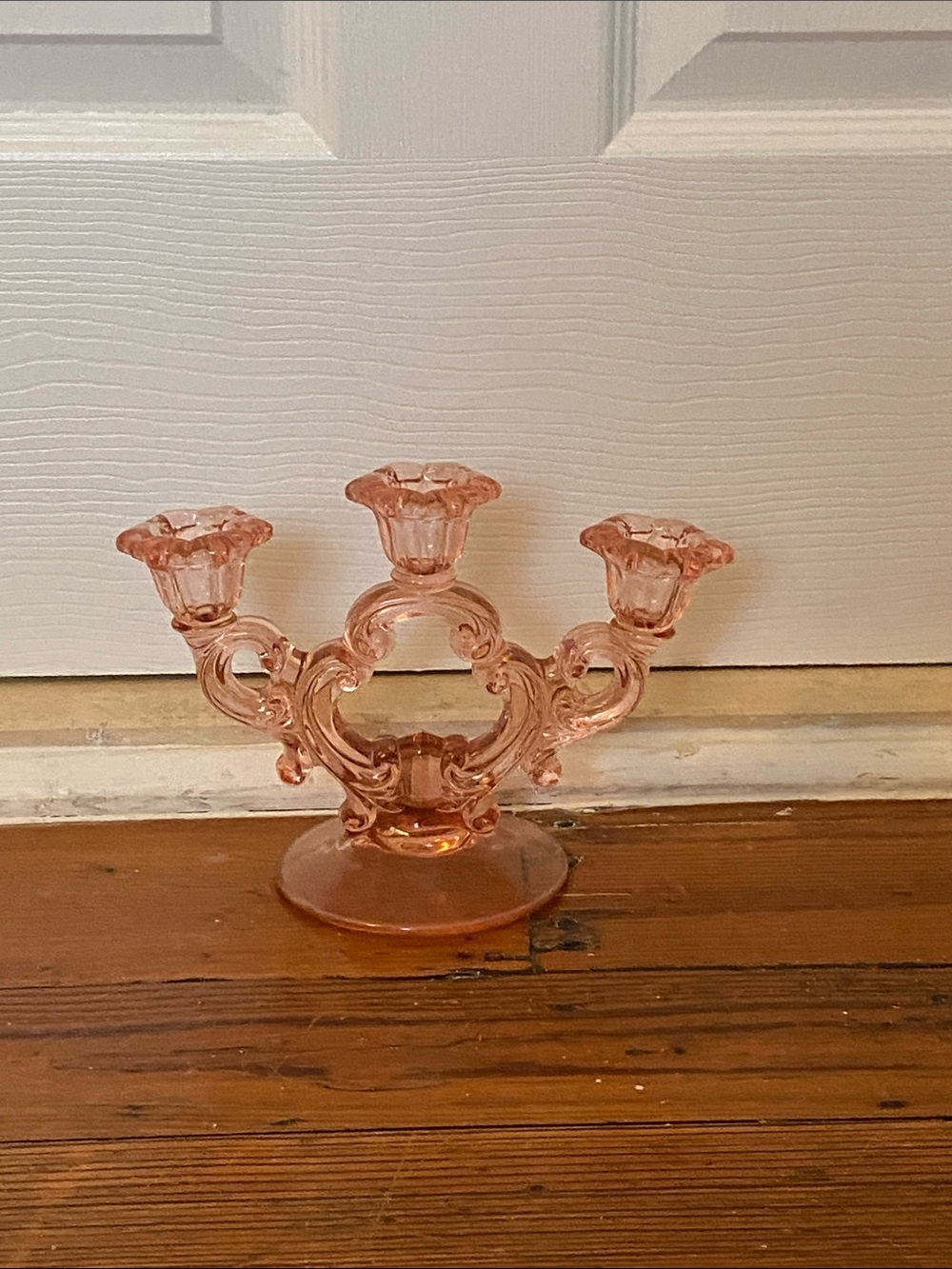 Pink Glass 3-Arm Candle Holder